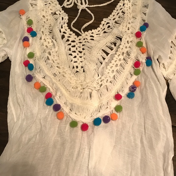 Tops - White crochet top with Pom poms